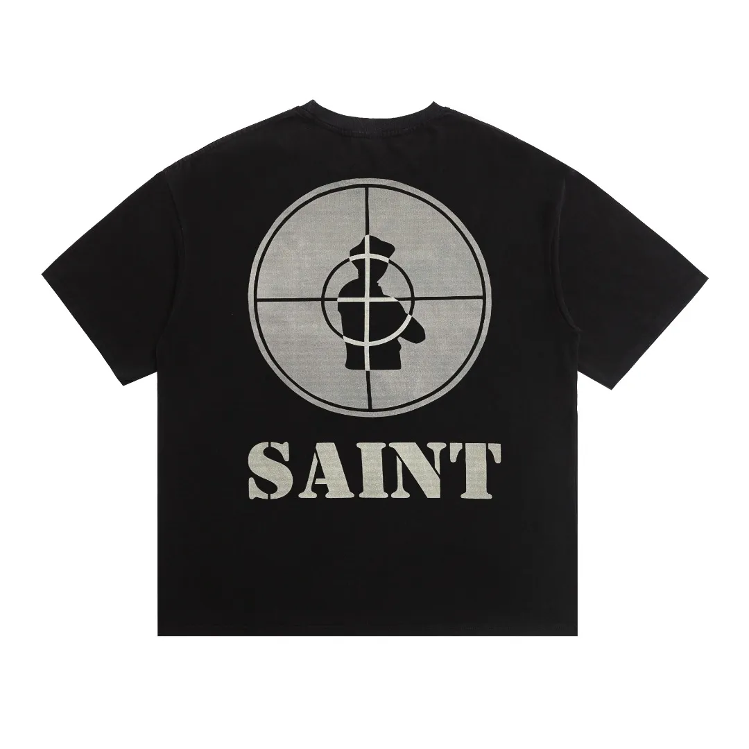 Mechao Saint Michael retro direct-injection printing, washed and aged Vintage loose short-sleeves. Technology: digital white ink direct-injection, the fabric is breathable, and the pattern is three-dimensional and clear. Fabric: 240 grams of double yarn. Style number: S812. Size: S-M-L-XL. Color: washed black. Price: P118.
